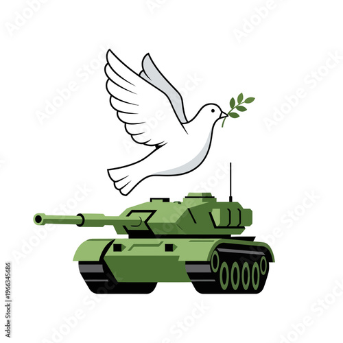 Dove of Peace flying over a military tank, symbolizing hope and an end to conflict.