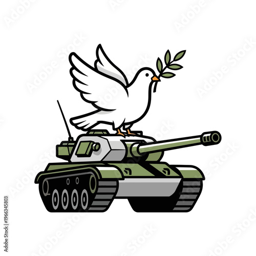 Dove of peace perched on military tank, symbol of hope and conflict resolution