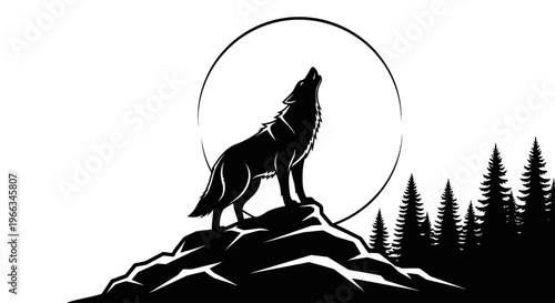 Dramatic Black and White Silhouette of a Wild Wolf Howling at the Full Moon on a Rocky Hilltop with Evergreen Trees