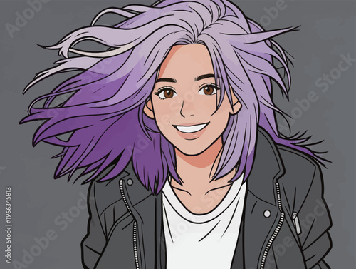 Girl with purple hair smiles in casual outfit against gray background