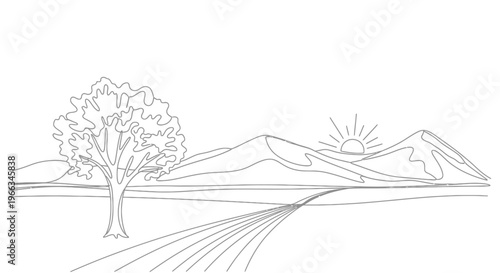 Minimalist line art landscape with mountains, winding road, solitary tree, and rising sun. Simple illustration for coloring.