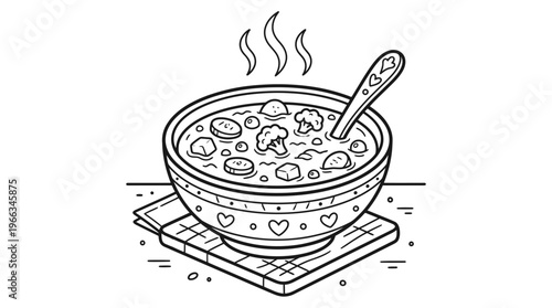 Steaming bowl of food with spoon.