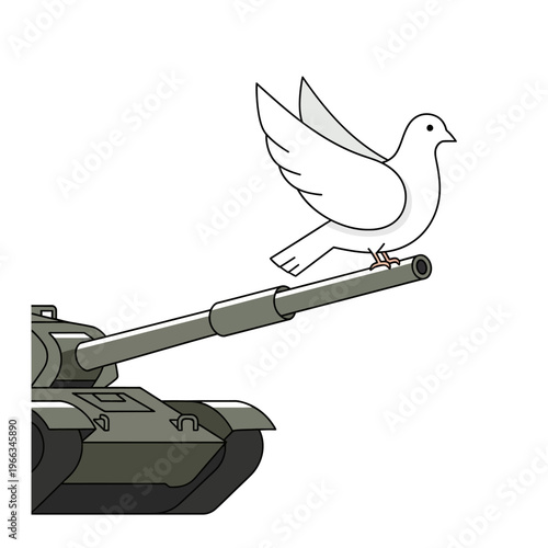 Dove of Peace Perched on Tank Cannon, Symbolizing Hope and End of Conflict