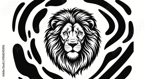 Striking Lion Head Illustration, King of Beasts Portrait with Majestic Mane, Black and White Abstract Organic Pattern Background