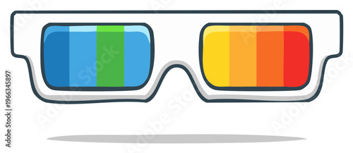 Colorful cartoon 3D glasses illustration with gradient lenses showing spectrum of colors