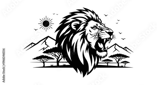 Majestic roaring lion head illustration with detailed mane and savanna landscape. Black and white vector art representing strength and wilderness.