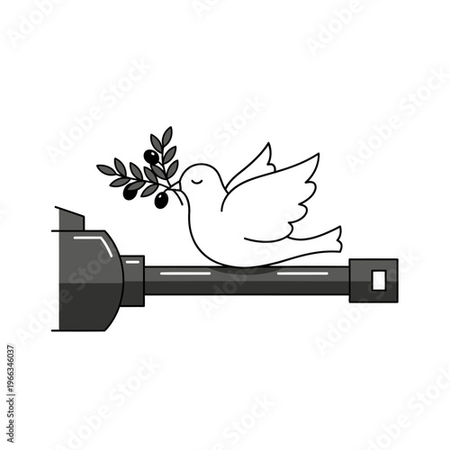 Dove with olive branch perched on gun barrel, symbol of peace over conflict