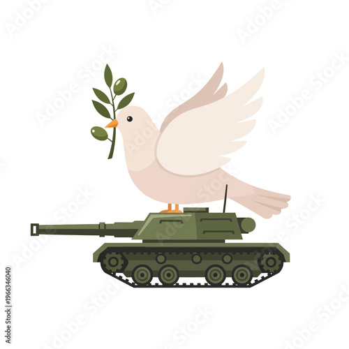 Dove with olive branch on tank, symbol of peace over war