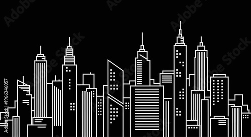 Modern city skyline illustration, stylized urban cityscape drawing with white line art skyscrapers against a dark background, architectural panorama.