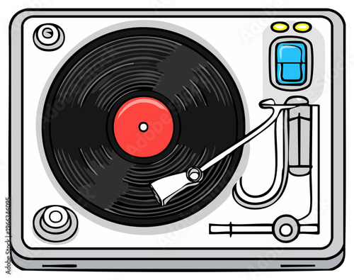 Cartoon turntable illustration, retro audio device with vinyl record spinning.