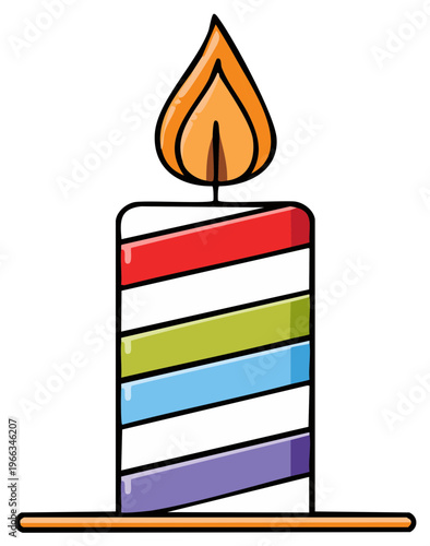Vibrant Striped Candle Illustration: Celebration Light Source with Flickering Flame and Wax