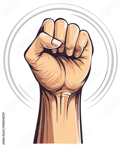 Raised fist symbolizing power and unity against a backdrop of concentric circles