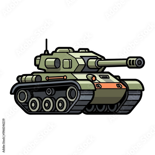 Green military tank illustration isolated on white background, cartoon style