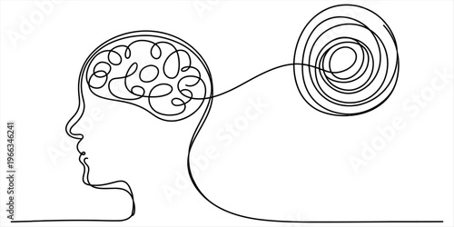 Minimalist continuous line art of a human head profile with a tangled brain and circular swirl. Vector, illustration