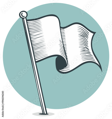 White flag waving on flagpole inside a circular background, vintage illustration style