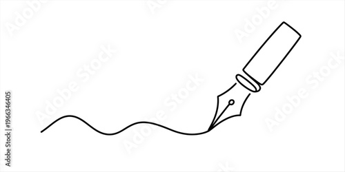 Simple line art illustration of a fountain pen nib drawing a continuous wavy line on white. Vector, illustration