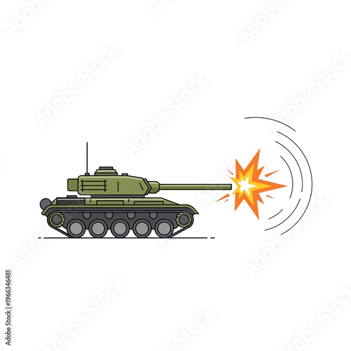 Military tank firing a weapon with an explosion and sound waves, flat design