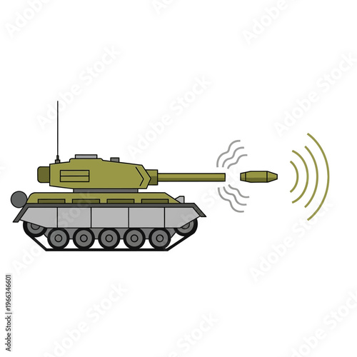 Military Tank Firing Projectile with Sound Waves and Signal Waves