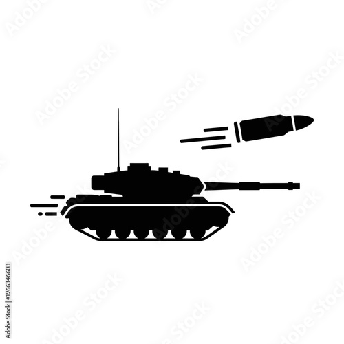 Military tank firing projectile, vector silhouette illustration on white background