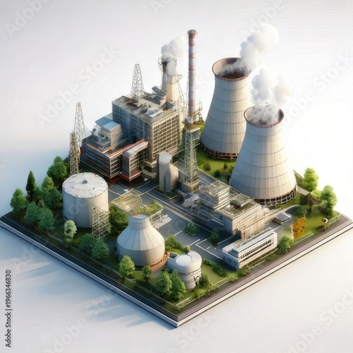 Isometric view of a power plant with steam, trees