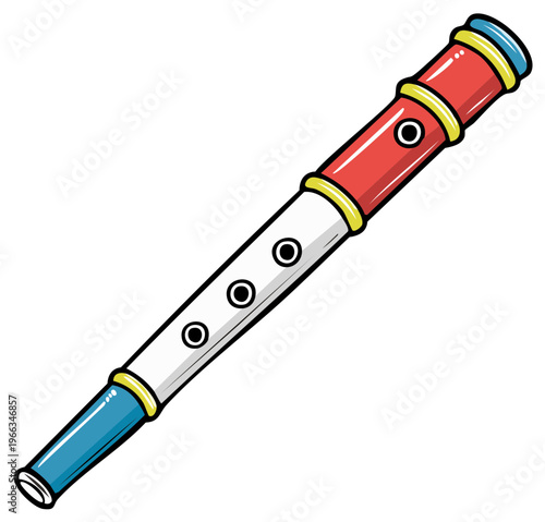 Illustration of a brightly colored recorder with holes, a simple wind musical instrument.