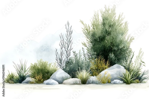 Watercolor Landscape of Lush Green Plants and Stones in Soft Natural Setting