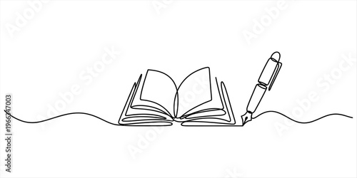Minimalist continuous line art illustration of an open book and a classic fountain pen. Vector, illustration