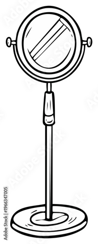 Stylized drawing of a round tabletop mirror on a stand with a circular base