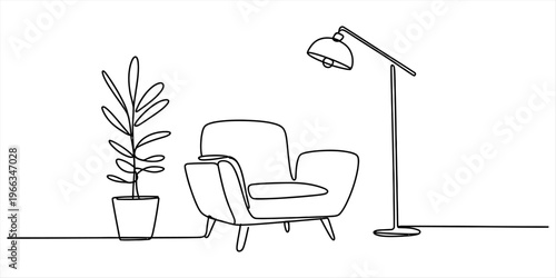 Continuous line drawing of a minimalist living room with an armchair, floor lamp, and a potted plant. Vector, illustration