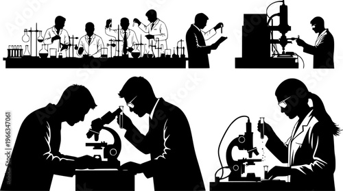 Silhouette vector illustration of scientists working in laboratory, researchers conducting experiments, analyzing samples, and using microscope for scientific research and innovation