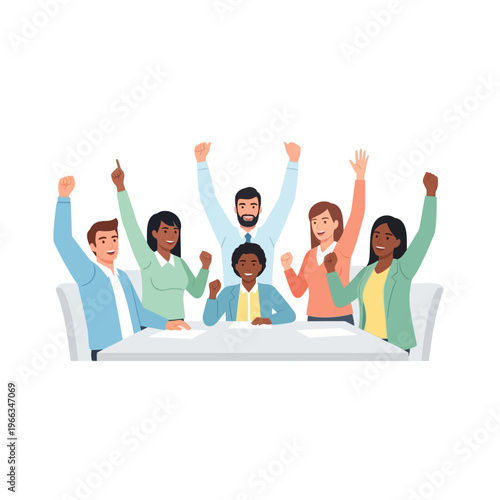Diverse team celebrates success, raising hands in victory at a meeting table.