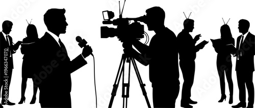 Silhouette vector illustration of news reporters and cameramen working together, broadcasting live television interview, media journalism concept, communication and press coverage scene