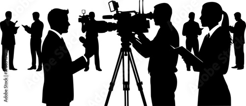 Silhouette vector illustration of news reporters and cameramen working together, broadcasting live television interview, media journalism concept, communication and press coverage scene