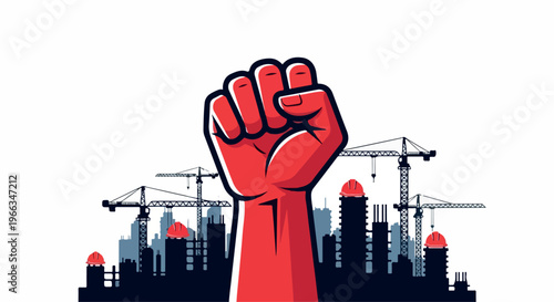 Illustration of a raised red fist in front of a city skyline with construction cranes at sunset