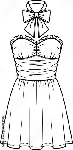 Vintage Halter Neck Dress with Ruched Bodice and A-Line Skirt, Large Bow Detail, Women's Fashion Flat Technical Drawing Vector
