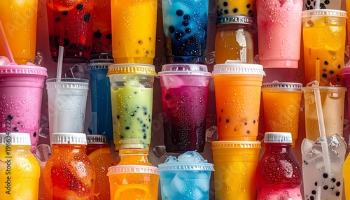 Colorful drinks and boba tea on display