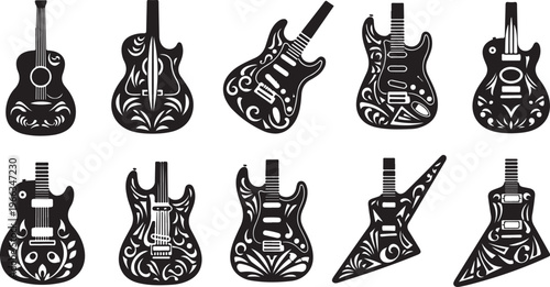 Collection of decorative electric and acoustic guitars illustrations