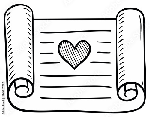 Hand drawn scroll with a heart symbol and lines for text illustration
