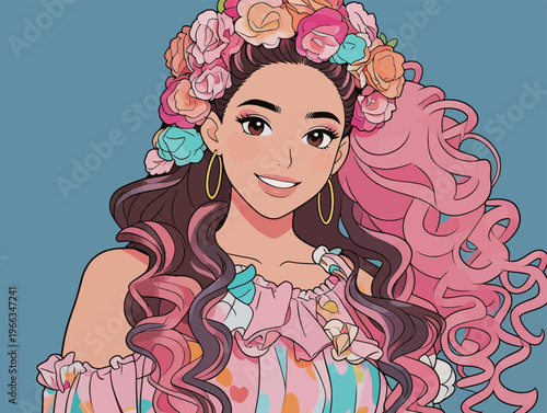 Young woman smiles with long pink hair and floral headband against a blue background during a daytime setting