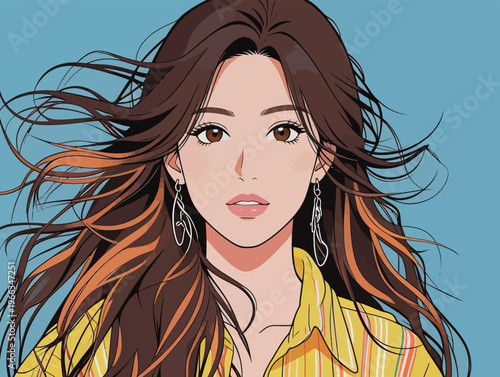 Woman with long hair and earrings stares at the viewer against a blue background in a casual yellow shirt