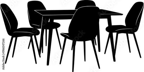 Dining table and chairs vector illustration, black restaurant furniture silhouette, modern cafe interior seating setup, minimal home dining design concept