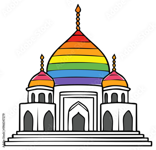Vibrant rainbow-domed mosque architectural illustration celebrating diversity and inclusion
