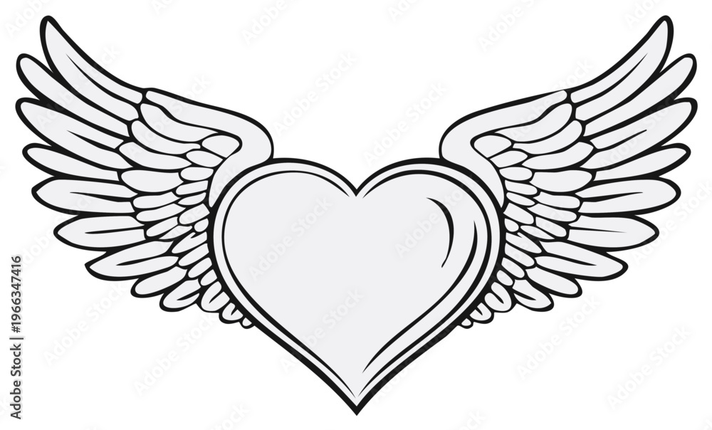 Fototapeta premium Stylized heart shape with feathered wings in outline drawing for graphic design