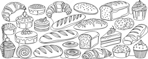 Bakery products in continuous line art drawing style. Black line sketch on white background. Vector illustration