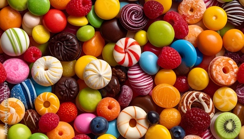 Colorful sweets and candies fill the scene