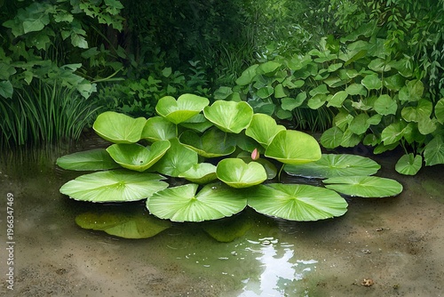 Serene Water Lily Leaves on a Calm Pond Surrounded by Lush Green Vegetation and Plants