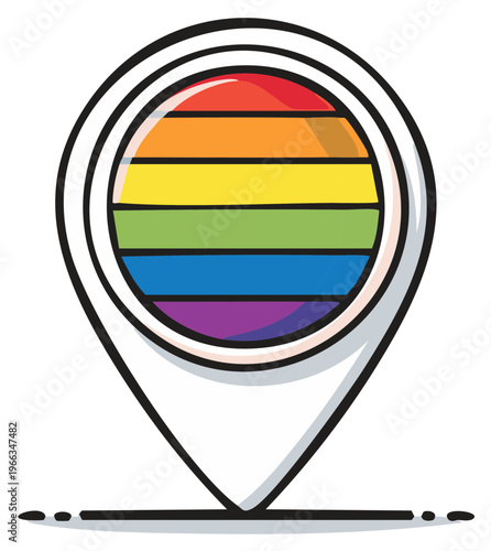 LGBTQ+ Pride rainbow colored map marker highlighting diversity and inclusion with colorful stripes denoting inclusivity and tolerance