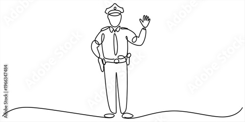 Single continuous line drawing of a police officer in uniform waving his hand on white background Vector, illustration