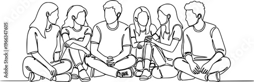 Group of young people sitting on ground together and talking. Friends rest and communicate. Continuous line art drawing style. Minimalist black linear sketch on white background. Vector illustration