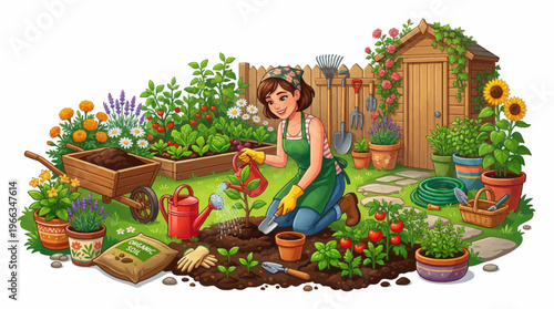 Cheerful woman gardening in a lush backyard filled with blooming flowers, fresh vegetables, and a rustic wooden shed while planting a young tree in rich soil.